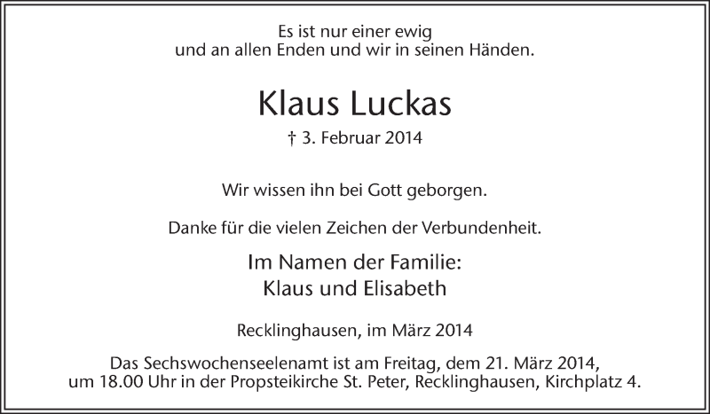  Traueranzeige für Klaus Luckas vom 19.03.2014 aus Medienhaus Bauer